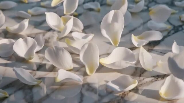 Soft White Rose Petals Scattered on Marble Stone Floor with Sunlight Shadows for Wedding, Spa, and Luxury Background