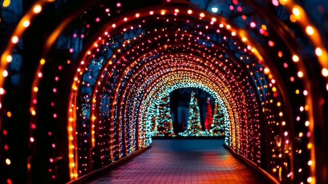 Christmas Light Tunnel with Festive Colors  