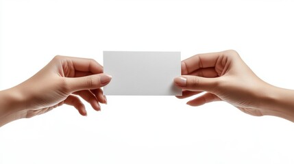 Obraz premium Two distinct hands, one from each side, gently present a crisp, blank white business card horizontally, offering ample space for custom branding on a pure white background.