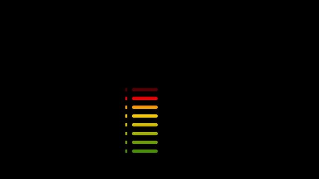 Audio Equalizer Bars Animation on Black Background, Minimal Vertical Sound Level Meter, Digital Music Visualization, DJ Interface Style, Precise Volume Indicator Motion Graphics 4K