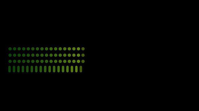Minimal Green Sound Level Meter with Vertical Audio Bars, Music Equalizer Animation on Dark Background, Digital Waveform Spectrum, DJ Audio Interface Visualization Motion Graphics