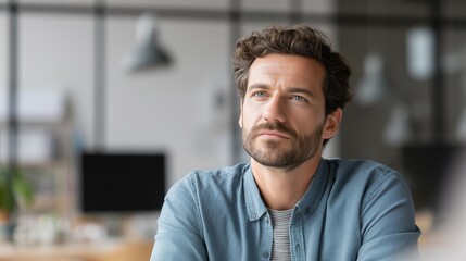 Obraz premium Man deep in thought in a modern office during daytime while sitting at a desk