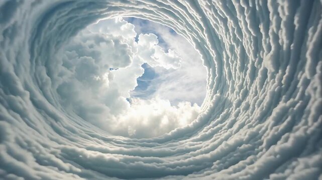 Clouds swirl into vortices forming dramatic tunnel concept. Swirling cloud vortex with sunlight breaking through a dramatic sky full of textured clouds