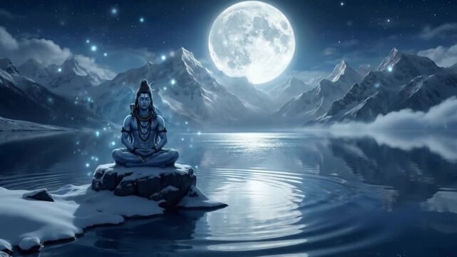Mahadev meditating beside silent mountain lake with moonlight reflection divine aura shivling and trishul energy during maha shivratri spiritual night scene