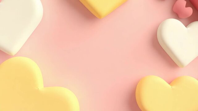 Valentines Day pastel abstract backdrop with organic shapes heart accents and vibrant romantic text balanced layout clean studio illumination