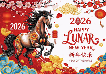Decorative Cartoon Horse Celebrating Lunar New Year 2026 Illustration