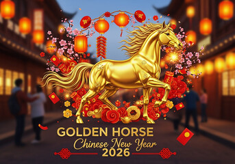 Festive Golden Horse with Traditional Chinese New Year Decorations Illustration, chinese new year