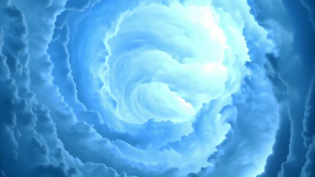 Clouds swirl into vortices forming dramatic tunnel concept. Swirling blue sky clouds with light shining through in a dramatic vortex formation