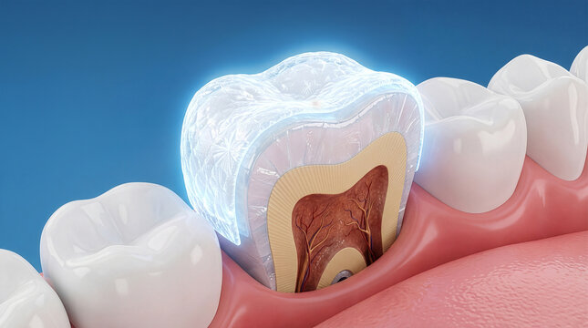 3d dental anatomy cross-section showing enamel protection and sensitivity relief layer