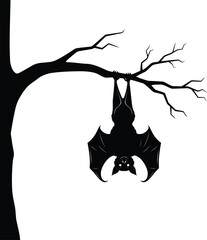 Moonlit night scene with a hanging bat on a bare tree branch