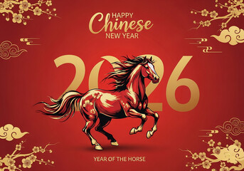 Artistic Elegant Horse Lunar New Year 2026 Illustration with Gold Accents