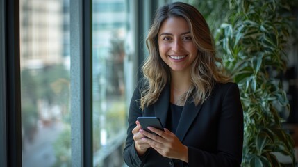Fototapeta premium A cheerful young businesswoman with a warm smile stands gracefully, holding a smartphone in a bright office environment with lush green plants visible behind her.