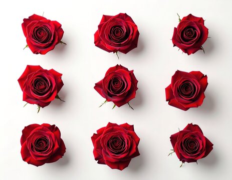 A beautifully arranged set of nine vibrant red roses on a clean white background, showcasing their natural beauty and elegant petals, perfect for romantic and sophisticated themes and designs