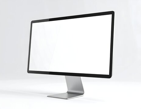 Modern computer monitor angled, with a blank white screen, on a minimalist silver stand