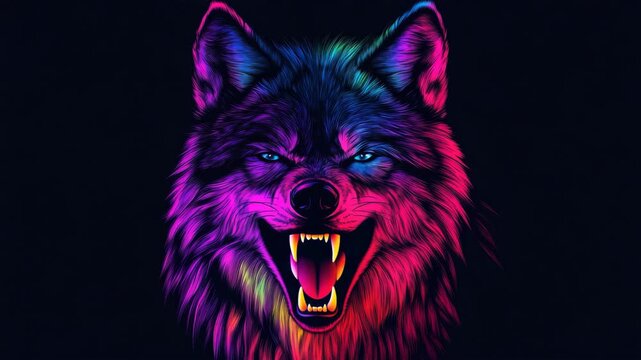 Colorful Neon Roaring Wolf Illustration
