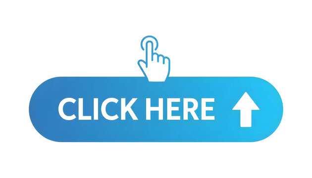 Blue click here button icon with a hand pointer and an arrow isolated on a white background.