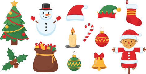 Christmas holiday icons set featuring decorated tree, snowman, Santa hat, stocking, candy cane, ornaments, candle, gift bag, and festive decorations