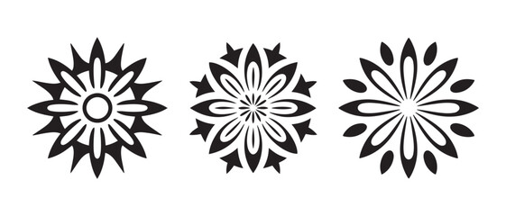Obraz premium Black Geometric Mandala Flower Ornaments Set, Decorative Symmetric Patterns, Abstract Floral Motifs, Isolated on White Background.