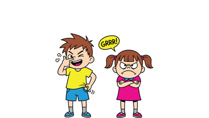 Children cartoon illustration of a boy teasing a little girl