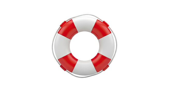 Red and white lifebuoy with rope on a white background