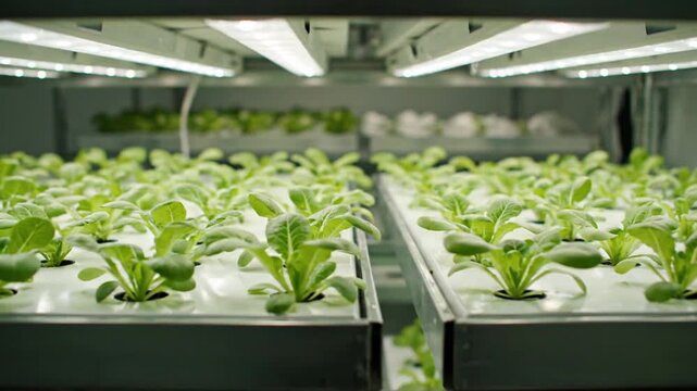Rows of lush green lettuce plants grow in a hydroponic farm under bright led grow lights in an indoor setting.
