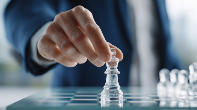 Closeup of businessman hand holding glass chess piece making strategic move, representing corporate business strategy, leadership success, planning, competition and management decision making concepts