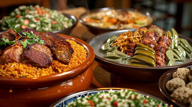 Delicious Middle Eastern Feast with Lamb and Rice in a Clay Pot Surrounded by Various Salads and Dishes.