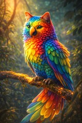 Obraz premium Colorful Fantasy Bird with Vibrant Feathers Perched in a Lush Forest Surrounded by Nature's Beauty and Soft Glowing Light