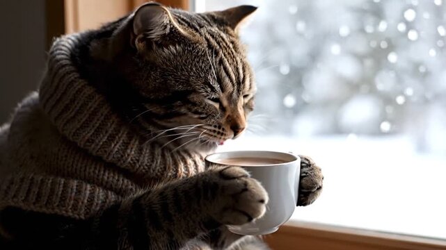 Cozy Tabby Cat with Mug of Hot Coffee in Winter