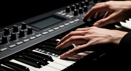 Fototapeta premium Musician's hands playing electronic synthesizer keyboard in a dark studio setting, creating music