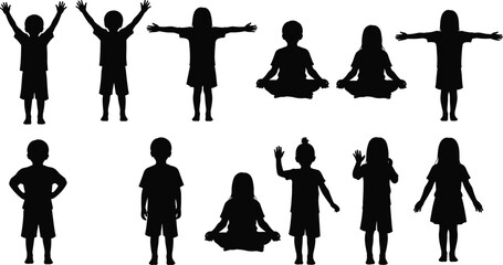 Children silhouettes set, kids playing and practicing yoga meditation, childhood wellness symbols, diverse young boys and girls standing, active youth,