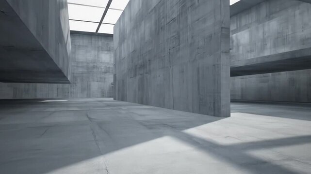 Interior of a modern, empty concrete building with a skylight and geometric shadows on the floor.