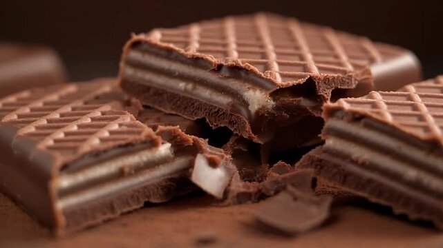 Delicious Chocolate Wafer Cookies Stacked Close Up Macro Shot. 4k Food Footage Video