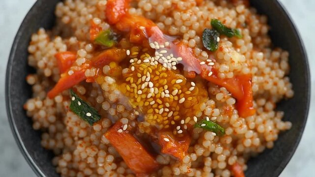 Delicious couscous salad with roasted red peppers and sesame seeds. 4k Food Footage Video