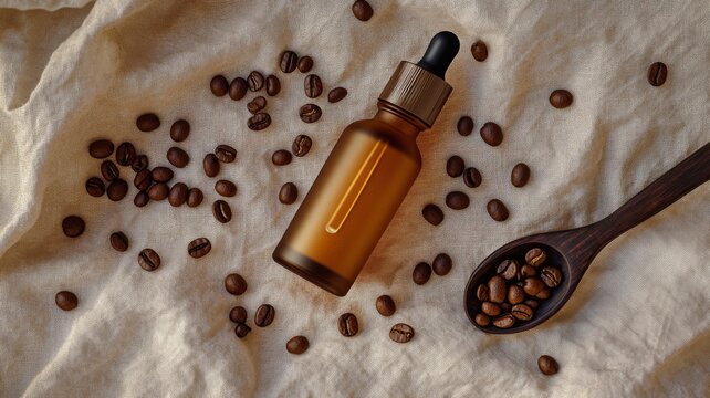 Caffeine infused eye serum in frosted amber bottle on rustic linen cloth with roasted coffee beans and a wooden spoon