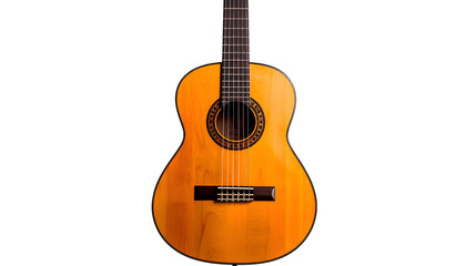 An acoustic, wooden guitar set against a stark black background