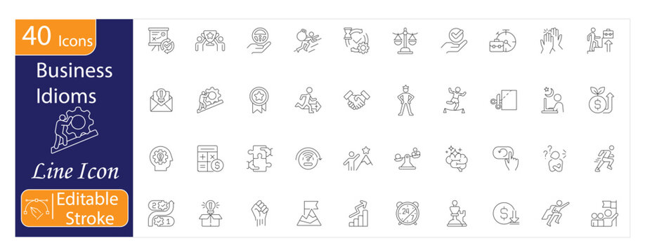 Business Idioms Icons Set, Corporate Concepts, Professional Illustrations, Editable Stroke Vector illustration.