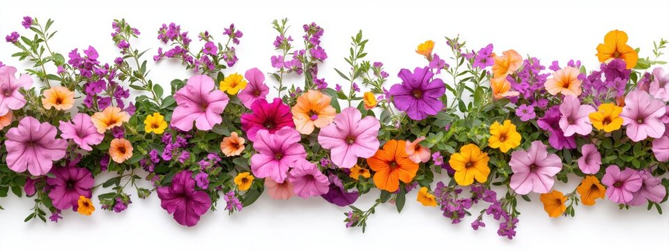 Colorful blooming petunia and calibrachoa flowers in pink, purple, orange, and yellow hues forming a vibrant horizontal floral border with green leaves against a pure white background