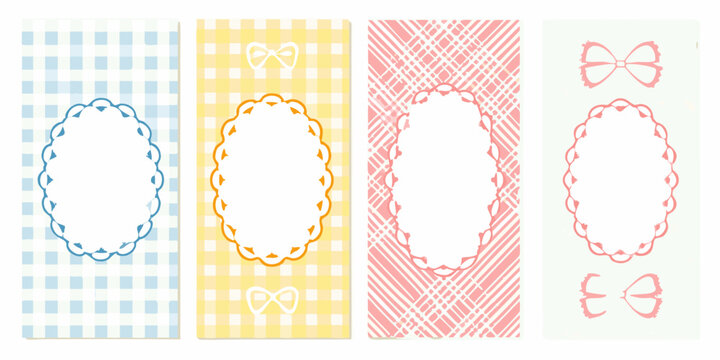 Four decorative patterned bookmarks with oval frames and embellishments