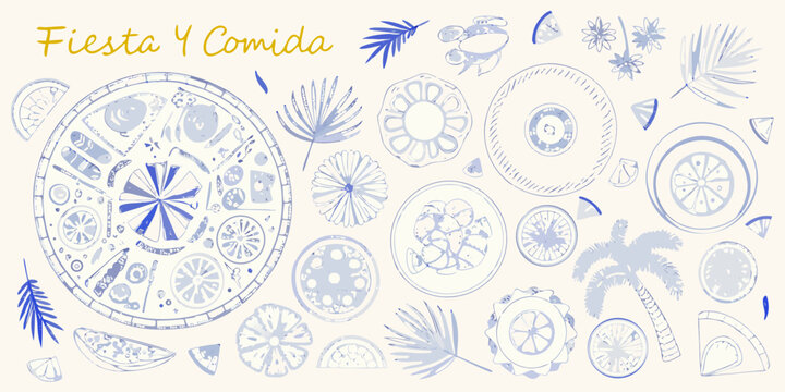 Fiesta y comida a blue sketch of fruits plants and decorative circles