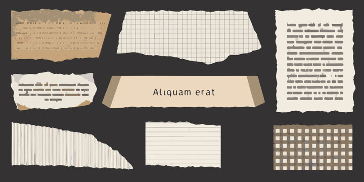 Torn paper pieces with text and grid patterns against a dark background
