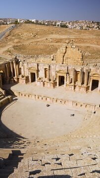 Vertical - Panorama Of The South Theatre In The Ancient City Of Jerash, Jordan. high angle, panning shot