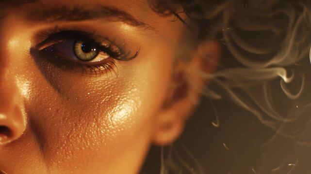 Live concert with bright stage lights and smoke concept. Close up of intense eye with dramatic lighting and smoke effect for mysterious atmosphere