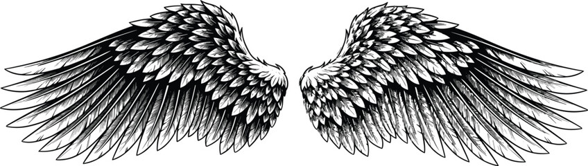 Black and white symmetrical wings drawing, detailed feather illustration artwork, angelic vector design, freedom spirituality motif, elegant flight graphic © Hamida