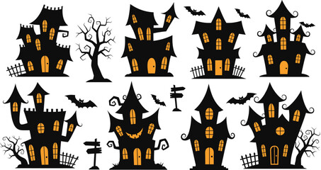 Halloween haunted house silhouettes set featuring spooky mansions, glowing windows, bats, dead trees, fences, and creepy night horror scenes