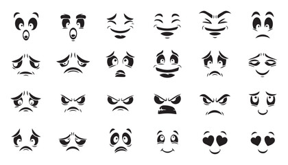 Fototapeta premium Cartoon Facial Expressions Vector Set of Funny and Sad Emotion Eyes and Mouths