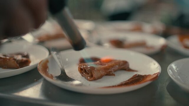 Experienced cook cheff preparing flamb&eacute; desert - detail closeup