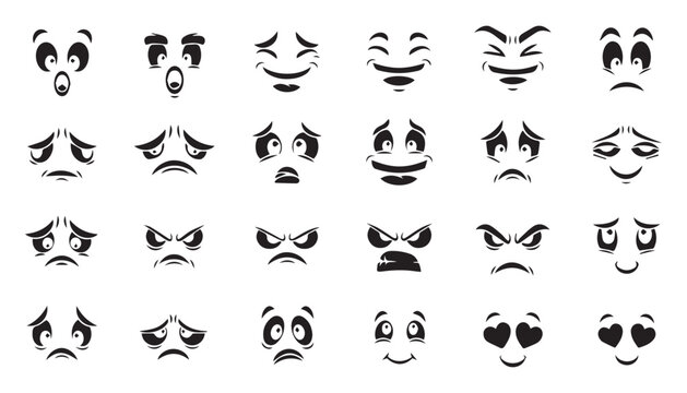 Cartoon Facial Expressions Vector Set of Funny and Sad Emotion Eyes and Mouths