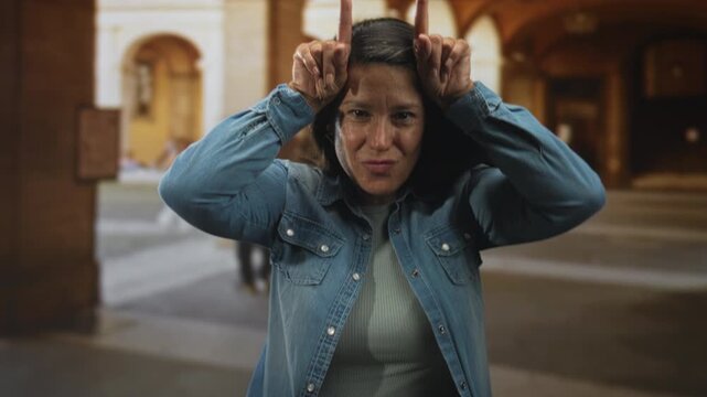 Woman makes horns gesture with index fingers at temples in building arcade wearing denim jacket and visible hands; playful mischief.