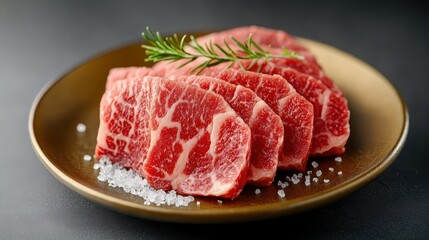 A beautiful arrangement of thin, raw beef slices with exquisite marbling, seasoned with sea salt and fresh rosemary, rests on a golden plate.
